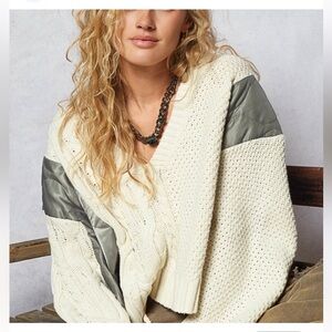 NWOT POL Cable Knit Quilting Patch V-Neck Contrast Sweater